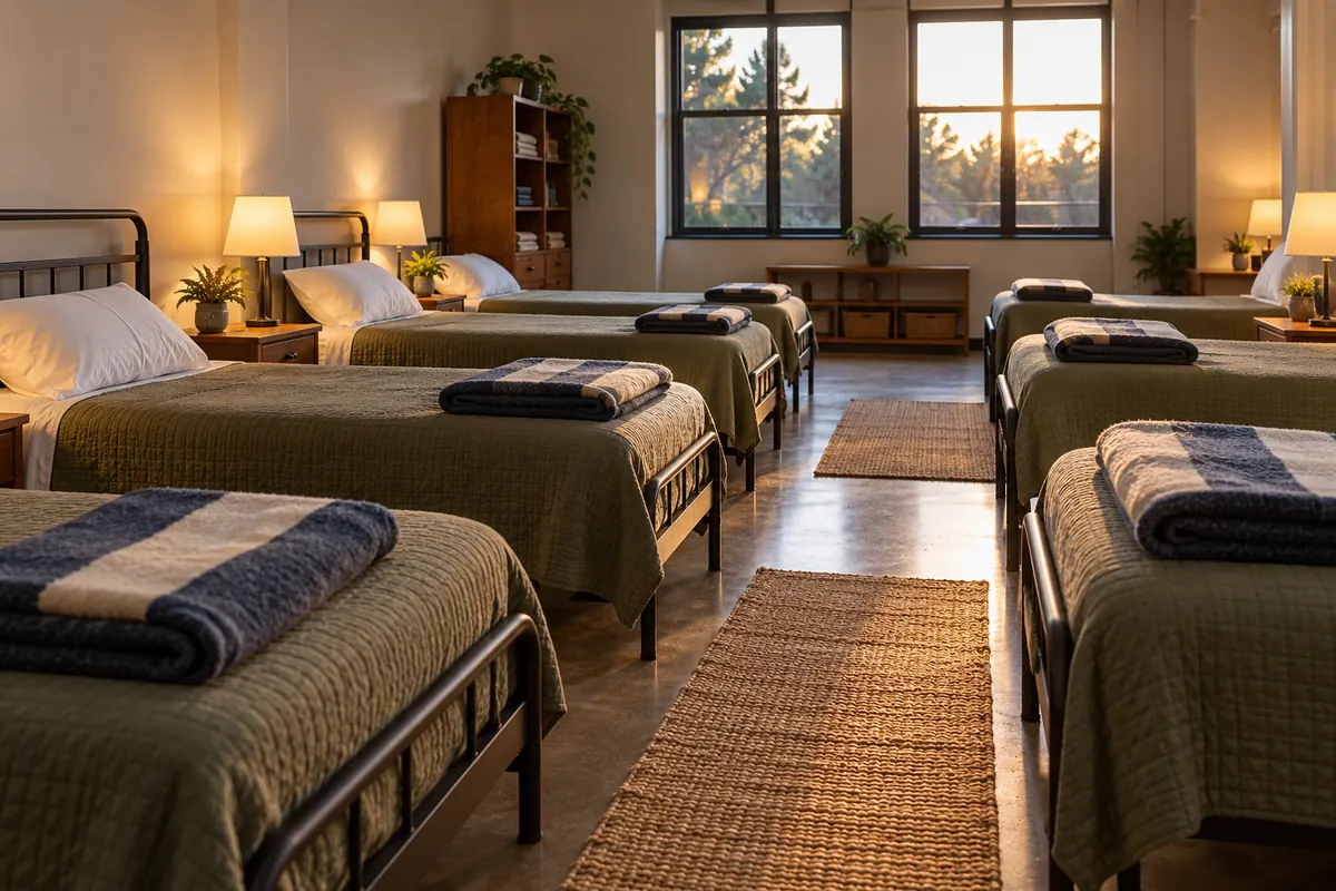 A quiet shelter dormitory with rows of made beds, a folded blanket on each, lamps lit by the window.
