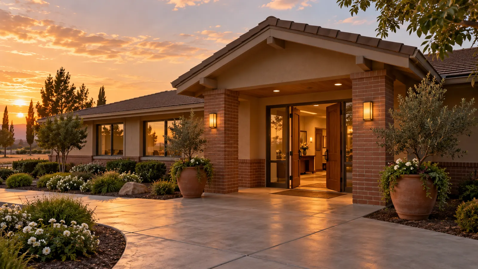 The open front doors of a low brick and stucco building at dusk, wall lamps lit and warm light spilling onto the walk.