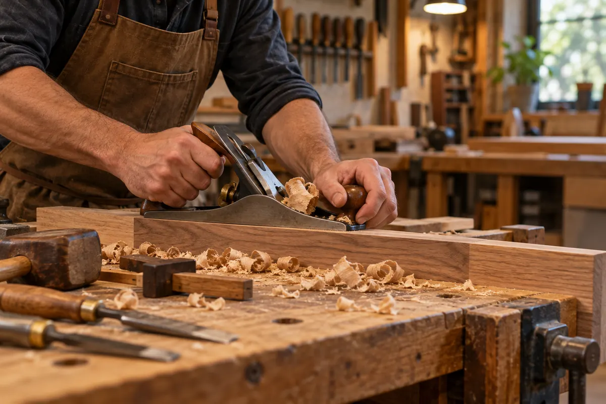 Hands pushing a hand plane along a board on a workbench, wood shavings curling up around chisels and a mallet.