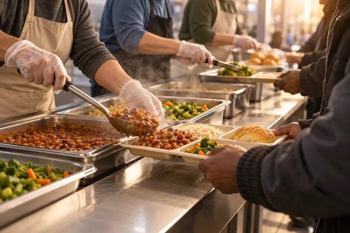 Gloved hands serving beans, rice, vegetables and a roll onto trays along a steaming serving line.