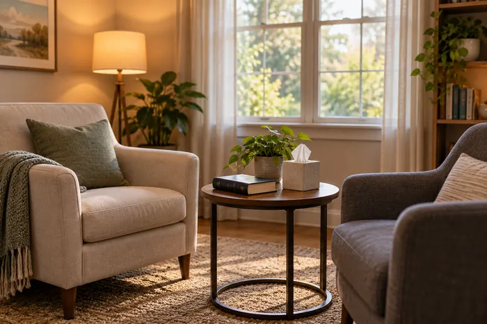 A calm counseling room with two armchairs, a small table holding a Bible and a box of tissues, and daylight through the window.