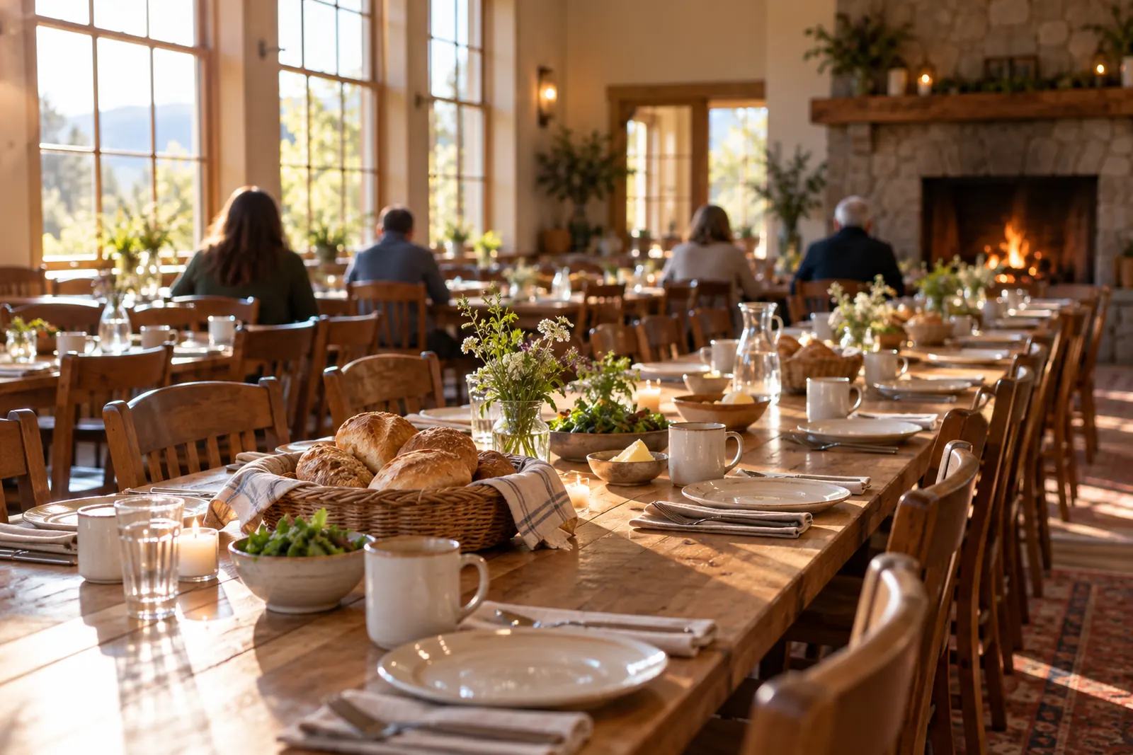 Long wooden tables set with plates, mugs and baskets of bread in a warm dining hall, a few people seated at the far end.