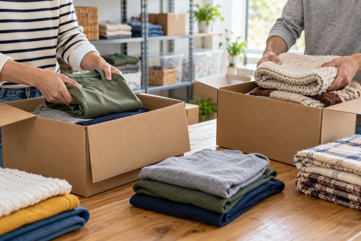 Two volunteers folding sweaters and blankets into cardboard donation boxes on a long wooden table.